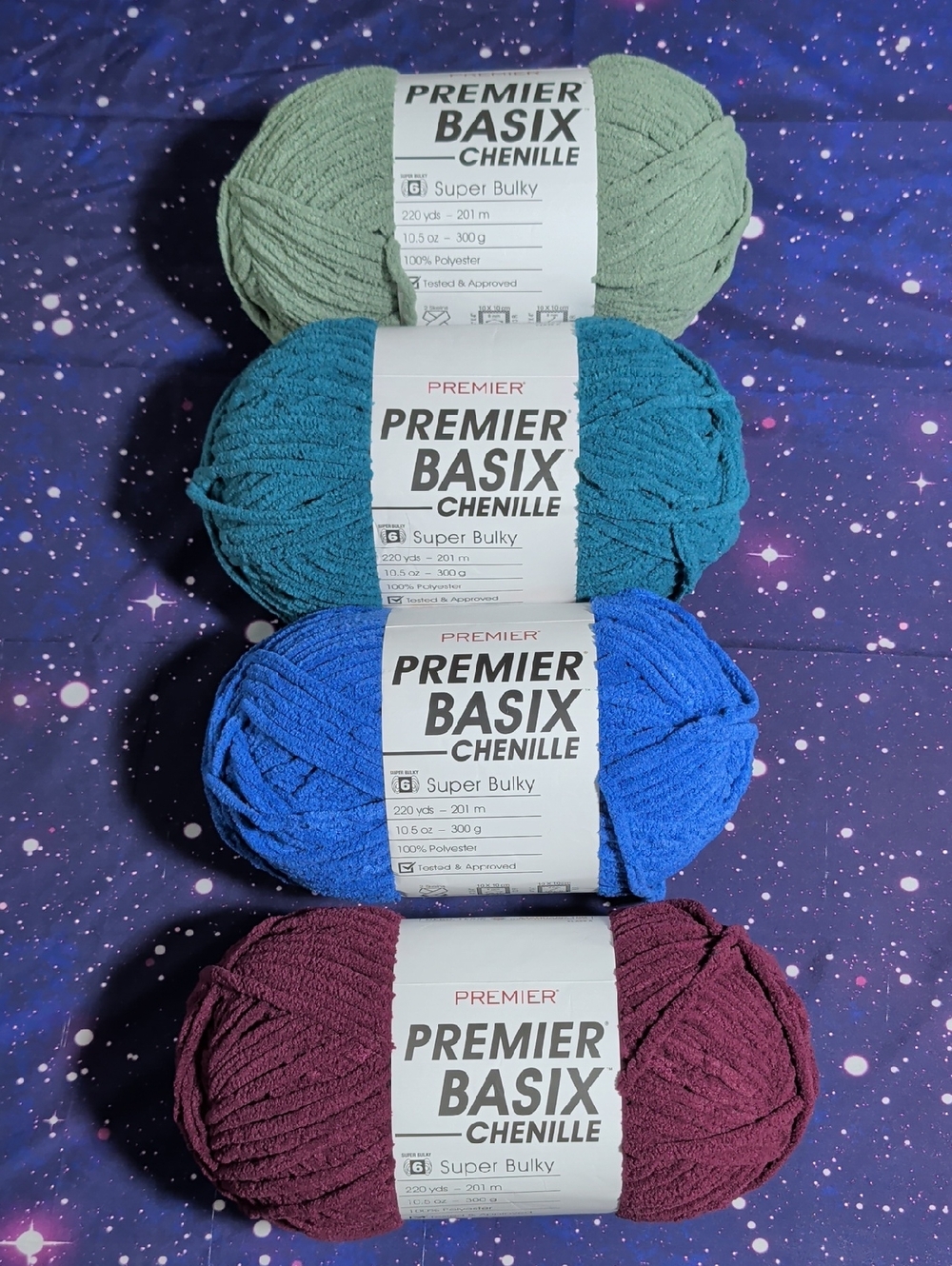 4 Brand New Skeins Premier Basix Chenille Yarn 10.5 oz Various Colors Smoke Free